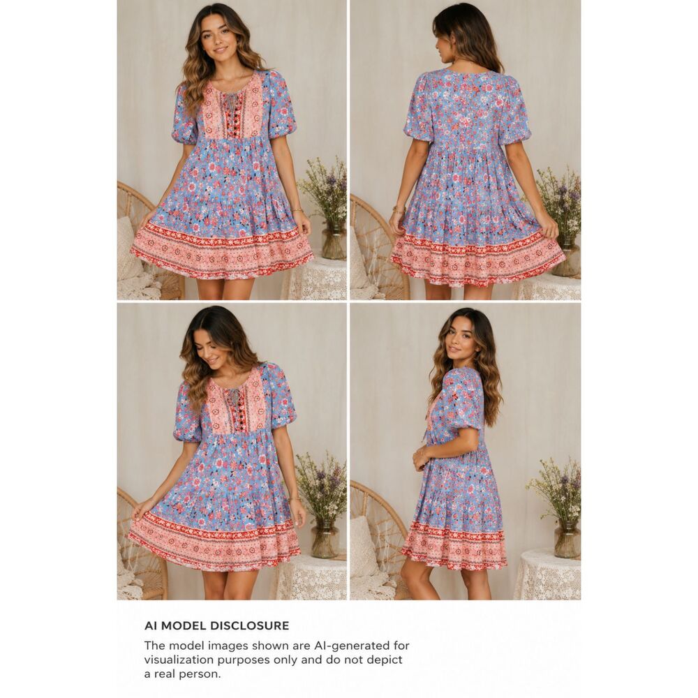 Rusttydustty Women's Boho Floral Mini Dress Blue Pink Puff Sleeve Size M
